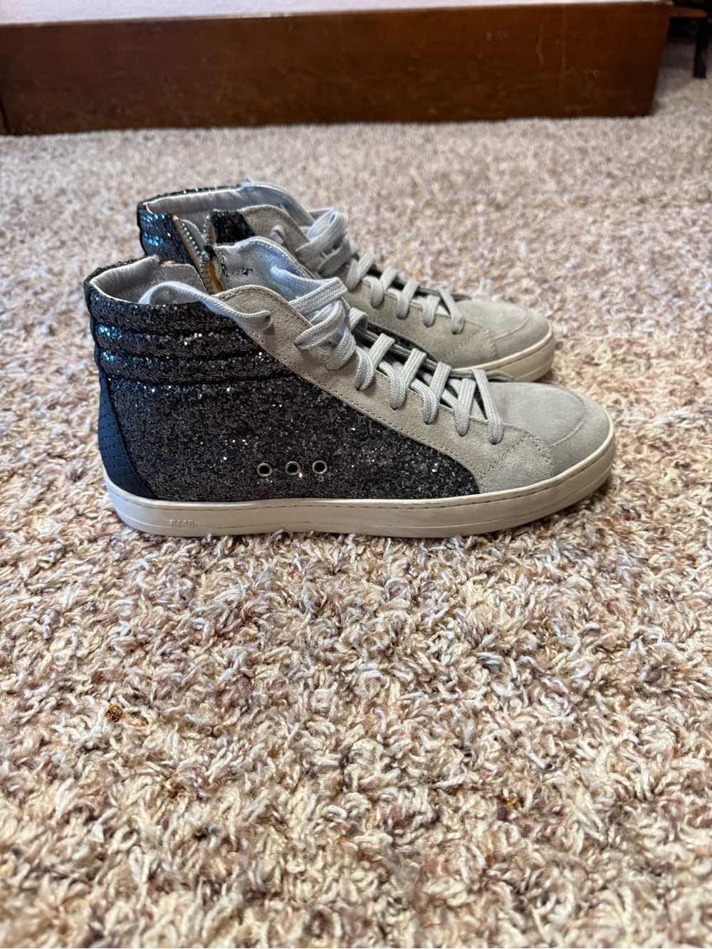 P448 Women's Gray and Black Glitter High-Top Sneakers